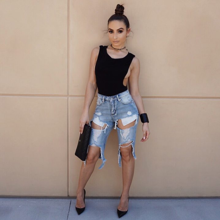 Edgy Body Suit And Distressed Bermuda Shorts - Lana Alicia